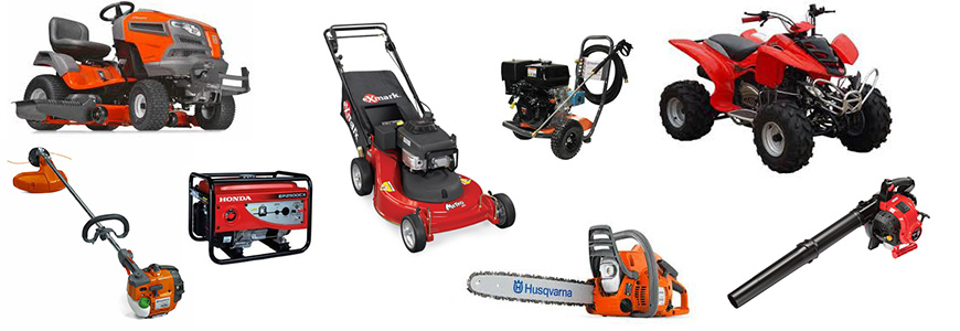 Collage of lawn mowers, a pressure washer, an ATV, a string trimmer, a generator, a chainsaw, and a leaf blower